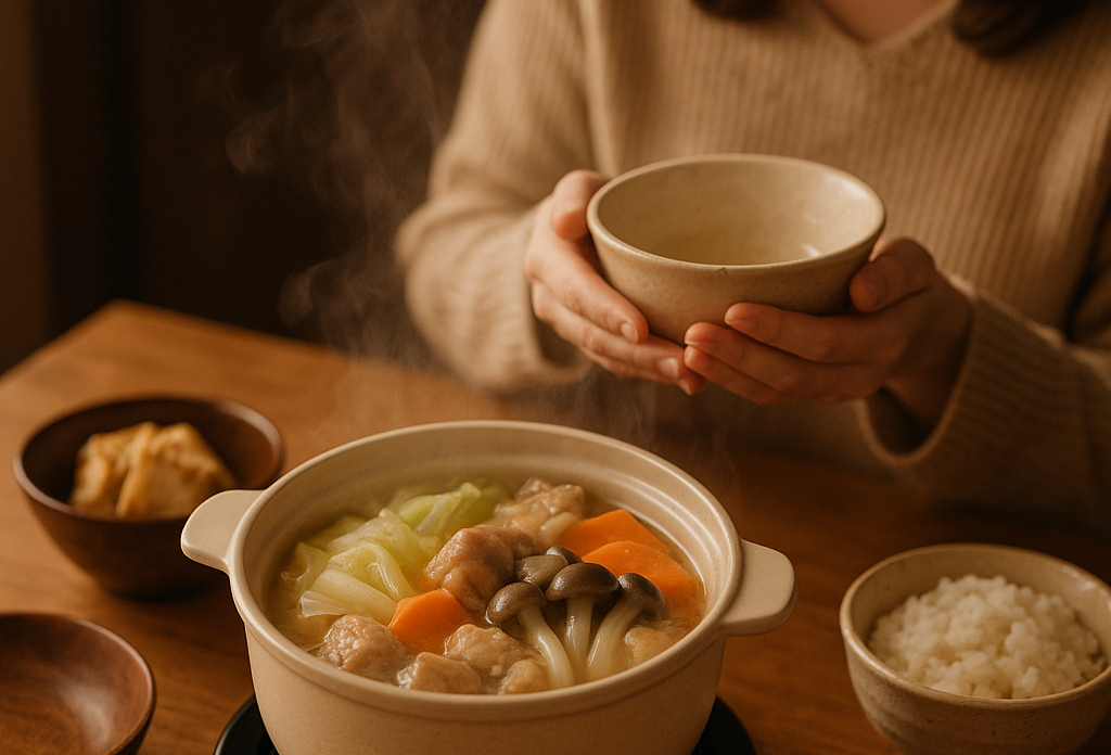 冬の夜、湯気の立つ小鍋を囲む温かな食卓。