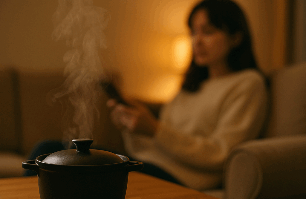 手前に湯気の立つ小鍋、背景にソファでくつろぐ女性がぼんやり映る。あたたかい照明に包まれた静かな夜の食卓。