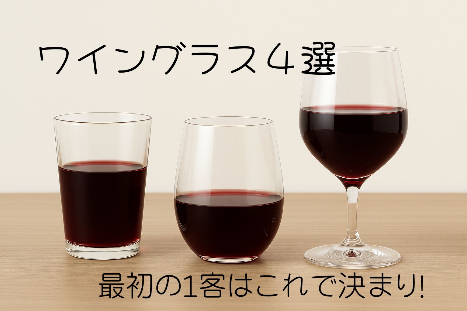 ワイン初心者におすすめのワイングラス4選。脚あり・脚なし・ステムレスの比較と、最初の1客に選びたいグラスのイメージ写真。