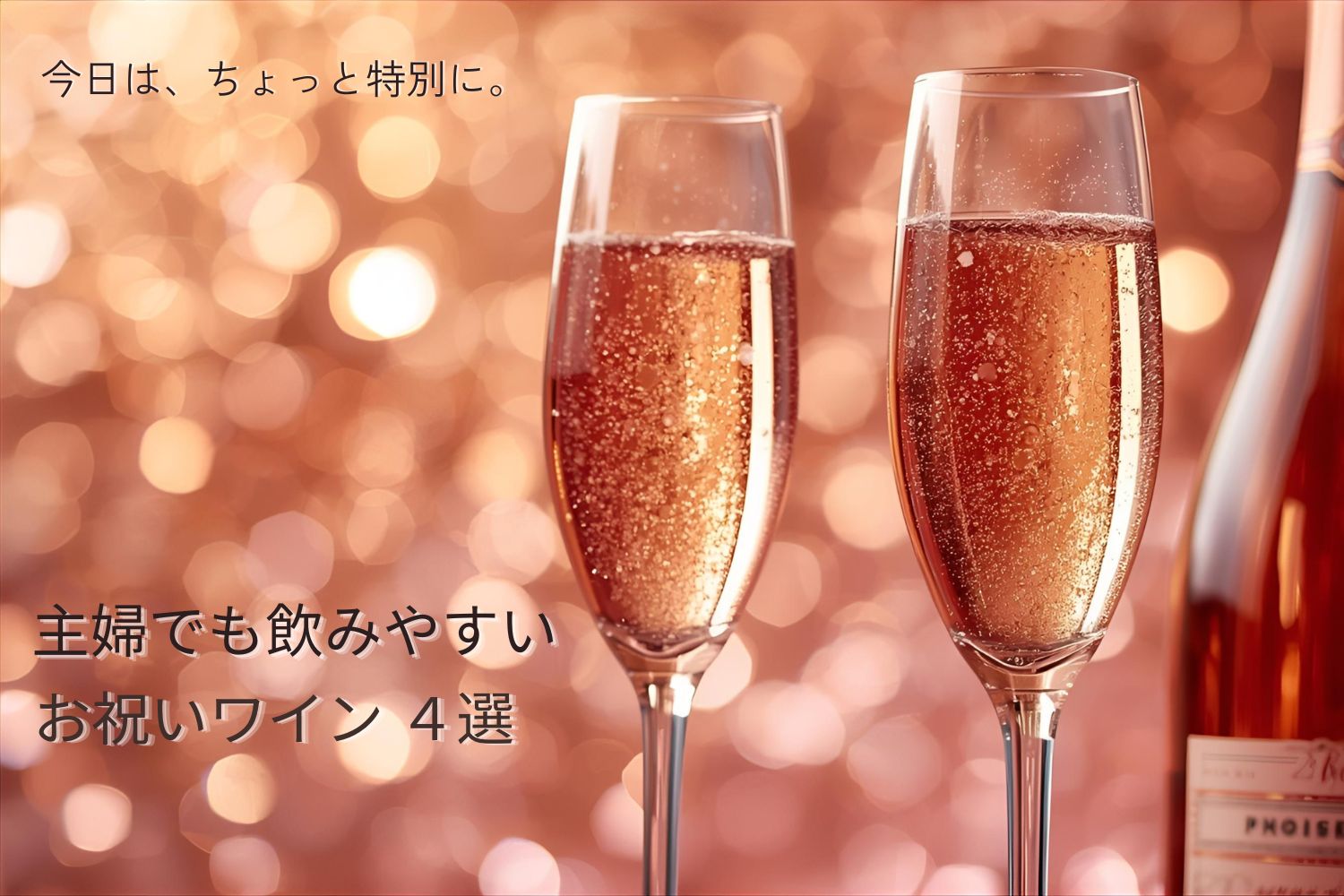 ロゼスパークリングワインのグラスとボトルを背景にした華やかなアイキャッチ画像。